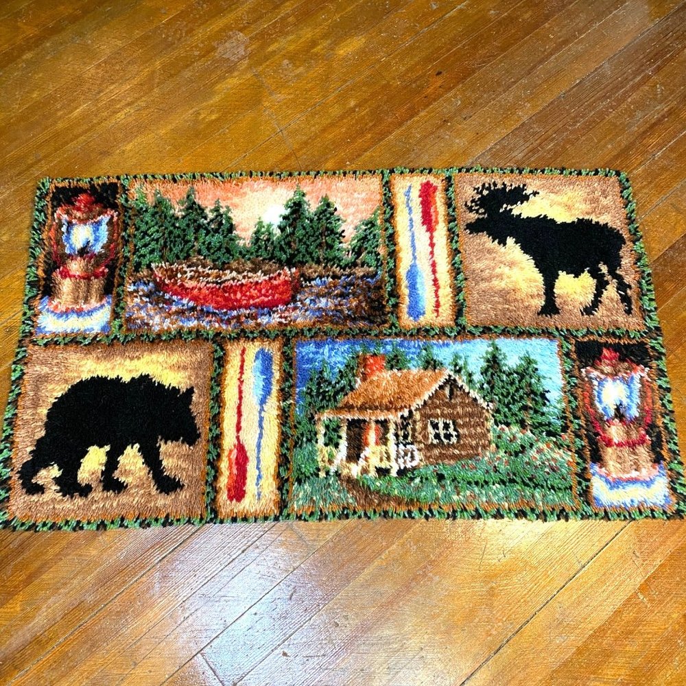 Handmade Hook Rug, vintage, log cabin, farmhouse, moose, bear, boat, 70s,